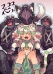 ambiguous_gender armor blush cat_ear_headband clothed clothing cute_fangs domestic_pet female green_hair group hair headgear helmet looking_at_viewer male open_mouth paws tail saiko_(pixiv) made_in_abyss bondrewd meinya prushka_(made_in_abyss) animal_humanoid cat_humanoid felid felid_humanoid feline feline_humanoid humanoid mammal mammal_humanoid meinastilim narehate colored shaded