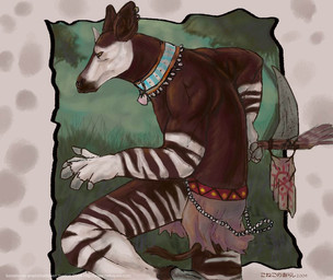 5_fingers abstract_background anthro biped bottomwear brown_body brown_fur brown_stripes brown_tail choker clothed clothing ear_piercing facial_markings facial_piercing fingers frown fur grass grey_hooves grey_horn half-closed_eyes head_markings holding_object holding_weapon hooved_fingers hooves horn humanoid_hands jewelry loincloth male markings melee_weapon multicolored_body multicolored_fur narrowed_eyes nature necklace nose_piercing nose_ring on_one_leg ossicone outside piercing plant polearm raised_leg ring_piercing scythe septum_piercing side_view sky snout solo standing striped_body striped_fur stripes tail tail_tuft text topless tree tribal tribal_clothing tuft two_tone_body two_tone_fur weapon white_body white_fur white_markings white_stripes konekonoarashi giraffid mammal okapi 2004 digital_drawing_(artwork) digital_media_(artwork) half-length_portrait portrait url