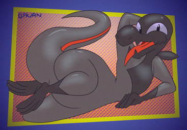 abstract_background anthro arm_support butt glistening glistening_body glistening_butt hand_behind_head leaning_on_elbow lying male on_side pear-shaped_figure purple_eyes smug solo tail thick_tail tongue tongue_out wide_hips gavanzude nintendo pokemon generation_7_pokemon lizard pokemon_(species) reptile salandit scalie alternate_version_at_paywall digital_drawing_(artwork) digital_media_(artwork) hi_res signature