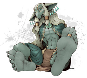 5_toes abs anthro barefoot claws clothed clothing digit_ring ear_piercing feet foot_focus grey_body hair horn humanoid_feet jewelry long_hair male piercing plantigrade ring simple_background sitting soles solo text toe_claws toe_ring toes kredri nintendo tears_of_the_kingdom the_legend_of_zelda rauru_(tears_of_the_kingdom) zonai url