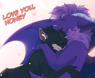 ambiguous_gender anthro bat_wings black_body black_fur black_hair closed_smile cuddling duo eyes_closed fluffy fluffy_hair fur glowing grey_body grey_fur hair head_horn heart_background heart_symbol horn hug love male membrane_(anatomy) membranous_wings mouth_closed neck_tuft open_mouth open_smile pink_background purple_body purple_hair romantic romantic_couple simple_background smile sparkles teeth text tuft wings shyryp mythology canid canine canis domestic_dog dragon mammal mythological_creature mythological_scalie scalie absurd_res digital_media_(artwork) english_text halftone hi_res screentone shaded