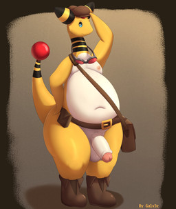 anthro balls belt blue_eyes boots clothing eyewear footwear genitals glans goggles goggles_around_neck hat headgear headwear humanoid_genitalia humanoid_penis male male_anthro navel nipples overweight overweight_anthro overweight_male penis shoes shoulder_bag solo thick_thighs wearing_hat yellow_body galv3z nintendo pokemon ampharos generation_2_pokemon pokemon_(species) absurd_res hi_res signature