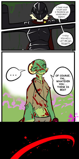anthro blood blood_on_body blood_on_face bodily_fluids dialogue duo female horn raised_arms speech_bubble text yellow_eyes brradett microsoft the_elder_scrolls lernie_(brradett) argonian human mammal scalie absurd_res comic english_text hi_res