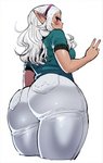 alternative_fashion big_butt blush butt clothed clothing dark_body dark_skin female gesture gyaru hair hand_gesture humanoid_pointy_ears j-fashion looking_at_viewer looking_back markings mole_(marking) not_furry rear_view red_eyes simple_background slightly_chubby solo standing tight_clothing v_sign white_background white_hair wide_hips synecdoche plus-sized_elf kuroeda_(plus-sized_elf) dark_elf elf humanoid hi_res