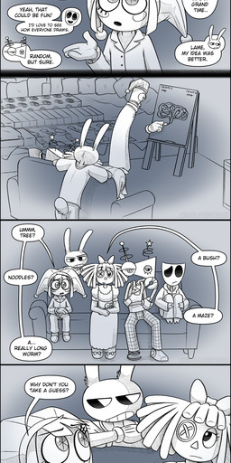 angry annoyed anthro canvas chess_piece clothed clothing dialogue drawing_(action) drawing_(object) female fool's_hat furniture hat headgear headwear male mask pajamas sitting sofa standing text absolutedream glitch_productions the_amazing_digital_circus gangle_(tadc) jax_(tadc) kinger_(tadc) pomni_(tadc) ragatha_(tadc) zooble_(tadc) human lagomorph leporid mammal rabbit absurd_res comic english_text hi_res long_image tall_image