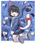 5_fingers adolescent anthro black_bottomwear black_clothing black_footwear black_hair black_shoes black_shorts blue_clothing blue_hoodie blue_topwear blush border bottomwear bow_knot clothing cute_fangs dice dotted_background fangs fingers footwear fur genitals hair heart_symbol hoodie kemono kneeling long_tail looking_at_viewer looking_back looking_back_at_viewer male male_anthro melee_weapon necktie open_mouth open_smile pattern_background paw_pose paws pink_eyes pokeball pose ring_(sonic) shield shoe_soles shoes shorts simple_background smile smiling_at_viewer solo star sword tail teeth tongue topwear weapon white_body white_border white_fur young young_anthro young_male furryjuana nintendo pokemon sega sonic_the_hedgehog_(series) domestic_cat felid feline felis mammal 2025 absurd_res character_request digital_media_(artwork) hi_res