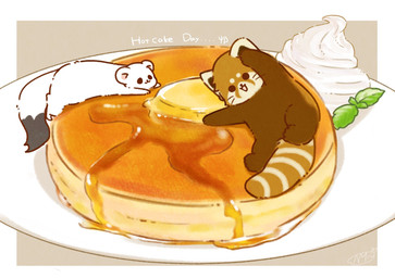 ambiguous_gender biped brown_body brown_fur chibi dot_eyes duo feral food fur honey_(food) lying micro pancake simple_eyes white_body white_fur shi_nominmin ailurid mammal mustelid musteline red_panda stoat true_musteline weasel 2020 hi_res