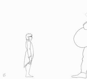 anthro belly clothing duo extreme_size_difference growth male male/male muscle_growth muscular muscular_male overweight simple_background size_difference smothering squish text transformation weight_loss white_background aanhrefn jzp_art haplorhine human mammal monkey primate animated artist_name monochrome
