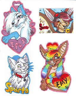 ambiguous_gender anthro arm_warmers armwear bell bell_collar black_nose black_text blue_body blue_eyes blue_fur brown_body brown_fur brown_hair clothing collar collar_tag eyebrows eyelashes eyewear eyewear_on_head feathered_wings feathers female feral feral_with_hair fur goggles goggles_on_head green_eyes grey_collar grey_spikes hair hair_over_eye head_tuft heart_symbol inner_ear_fluff jingle_bell jingle_bell_collar long_hair multicolored_arm_warmers multicolored_armwear multicolored_clothing multicolored_hair open_mouth open_smile pink_text pink_tongue rainbow_arm_warmers rainbow_armwear rainbow_claws rainbow_clothing rainbow_hair red_collar red_eyes short_hair smile smile_lines snout solo spiked_collar spikes text tongue tuft whiskers white_body white_fur white_inner_ear_fluff wings yellow_sclera yellow_text blondefoxy ifus_(character) accipitriform avian bat bird canid canine canis domestic_dog fennec_fox fox hybrid mammal nordic_sled_dog osprey samoyed spitz true_fox 2008 character_badge_(artwork) character_name marker_(artwork) multiple_images shaded traditional_media_(artwork)