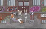 anthro bendy_straw beverage clothing drinking_straw electronics eyewear female glasses graffiti group hat headgear headwear male radio stairs stereo text anothercolouranon disney zootopia finnick_(zootopia) honey_badger_(zootopia) judy_hopps nick_wilde badger canid canine fennec_fox fox honey_badger lagomorph leporid mammal mustelid musteline rabbit red_fox true_fox english_text hi_res