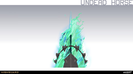 ambiguous_feral ambiguous_gender armor black_armor clothed clothed_ambiguous clothed_feral clothing colored_fire company_name feral fire flaming_hair flaming_mane glowing glowing_horn gradient_background green_fire green_mane horn light long_horn mane pseudo_hair pseudo_mane rear_view short_mane simple_background solo tail teal_fire teal_mane teal_tail text white_horn nicholas_patrick_kelana highguard_(game) mythology equid equine hybrid mammal mythological_creature mythological_equine undead unicorn 2026 absurd_res colored concept_art digital_drawing_(artwork) digital_media_(artwork) english_description english_text headshot_portrait hi_res lighting official_art portrait shaded