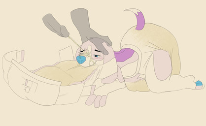 ageplay all_fours anthro big_diaper blue_eyes blue_nose blue_pawpads blush bodily_fluids claws clothed clothing diaper disembodied_hand disembodied_penis duo erection floppy_ears fur genital_fluids genitals glistening glistening_eyes hand_on_head humanoid_genitalia humanoid_penis infantilism male male_anthro mouth_closed narrowed_eyes pawpads peeing peeing_on_another peeing_on_face penis pink_body pink_fur purple_body purple_fur roleplay simple_background unclean_diaper urine urine_on_face used_diaper watersports wearing_diaper wet_diaper white_body white_claws white_fur hardscales canid canine canis domestic_dog mammal hi_res