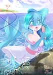 anthro bare_shoulders beach belly blue_body blue_eyes blue_hair blue_sclera blue_skin blush bodily_fluids breasts brush brushing brushing_hair detailed_background embarrassed exposed_breasts female fin fish_hook hair holding_brush holding_object hook long_hair looking_at_viewer mermaid_tail mostly_clothed nipples open_mouth outside partially_submerged personal_grooming rock saliva saliva_string sea seaside solo styling_hair tail tail_fin tropical water white_belly cotton_punk brand_new_animal studio_trigger nina_flip bottlenose_dolphin cetacean dolphin mammal marine oceanic_dolphin toothed_whale absurd_res hi_res