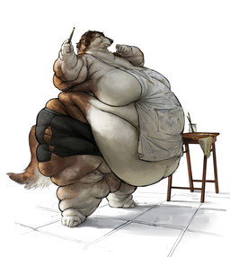 anthro apron barefoot barely_mobile belly big_belly black_bottomwear black_clothing black_pants bottomwear brown_body brown_fur brown_hair brush clothed clothing container dirty_apron double_chin fat_rolls featureless_chest feet floor fur furniture glass glass_jar hair holding_brush holding_object holding_paintbrush huge_belly jar male moobs morbidly_obese morbidly_obese_anthro morbidly_obese_male obese obese_anthro obese_male overweight overweight_anthro overweight_male paint paintbrush pallet pants partially_clothed shorts side_view simple_background solo standing table tight_clothing tile tile_floor torn_clothing white_apron white_background white_belly white_clothing cettus borzoi canid canine canis domestic_dog hunting_dog mammal sighthound 2026 absurd_res hi_res