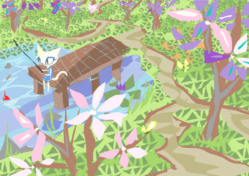 anthro blue_clothing blue_dress bridge clothing detailed_background dress female fishing fishing_rod fur grass lily_pad outside path plant pond rock solo tree water white_body white_fur naircat animal_crossing nintendo ambient_arthropod ambient_butterfly ambient_insect domestic_cat felid feline felis mammal 2017 digital_media_(artwork) lineless microsoft_paint_(artwork)
