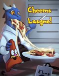 anthro blue_body blue_scales cheese clothed clothing cutlery dairy_products eating female food fork horn kitchen_utensils lasagna orange_eyes pasta plate scales simple_background smile solo text tomato_sauce tools anthrope_arts dew_dragon garfield_(series) garfield_the_cat kobold scalie digital_media_(artwork) english_text hi_res