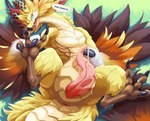 absurd_res animal_genitalia anus big_penis biped bodily_fluids claws countershade_face countershade_neck countershade_tail countershade_torso countershading cygames dragalia_lost dragon english_text erection feathered_dragon feathered_scalie feathered_wings feathers feral genital_fluids genital_slit genitals hi_res horn jupiter_(dragalia_lost) mythil_flower mythological_creature mythological_scalie mythology nintendo open_mouth penis precum scalie solo speech_bubble tail tapering_penis text vein veiny_penis wings