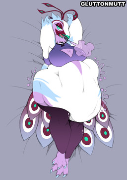 ambiguous_gender anthro bed bedroom_eyes blue_body burping feathers furniture gluttonmutt green_eyes lidded_eyes narrowed_eyes purple_body raised_arm seductive solo tail tail_feathers vore white_body lorejuniper amadeus_(lorejuniper) avian bird galliform peafowl phasianid absurd_res hi_res nonbinary_(lore)