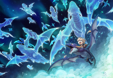 3_fingers 3_toes amber_eyes ambiguous_gender anthro aurora_(phenomenon) back_wings blue_body blue_eyes blue_scales blue_wings brown_clothing brown_jacket brown_topwear chibi claws clothed clothed_human clothed_male clothing cloud countershade_face countershade_scales countershade_tail countershade_torso countershading feet feral finger_claws fingers grey_body grey_countershading grey_membrane grey_scales group head_horn headgear headwear horn jacket large_group looking_aside looking_up low-angle_view male membrane_(anatomy) membranous_wings mouth_closed multicolored_body multicolored_scales night open_mouth open_smile outside pink_tongue pupils riding_on_back scales shirt silhouette sky smile spread_wings star starry_sky tail teeth toe_claws toes tongue tongue_showing topwear two_tone_body two_tone_scales white_clothing white_sclera white_shirt white_topwear wing_claws wings yellow_claws yellow_horn chiayeeee maplestory mythology nexon evan_(maplestory) dragon ghost human mammal mythological_creature mythological_scalie scalie spirit winged_dragon 2016 dated digital_drawing_(artwork) digital_media_(artwork) full-length_portrait portrait signature