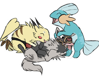 anal anal_penetration bisexual blush bodily_fluids cleft_tail dildo eyes_closed fellatio female female/female feral fur grey_body grey_fur group group_sex interspecies lying male male/female male_penetrating muzzle_(object) muzzled on_back oral penetration penile saliva sex sex_toy simple_background spitroast strapon tail threesome tongue tongue_out trio vaginal vaginal_penetration white_background yellow_body yellow_fur paintdog_(artist) nintendo pokemon canid canine generation_1_pokemon generation_3_pokemon mammal mudkip pikachu pokemon_(species) poochyena rodent