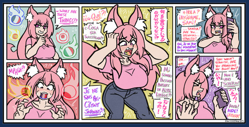 blush border bottomwear breasts clothing electronics female hair holding_object holding_phone inner_ear_fluff offscreen_character pants phone pink_hair shirt shocked simple_background solo tail text topwear transparent_border tuft fanterfane animal_humanoid canid canid_humanoid canine canine_humanoid fox_humanoid humanoid mammal mammal_humanoid 2025 alpha_channel comic digital_media_(artwork) english_text french_text hi_res italian_text japanese_text spanish_text
