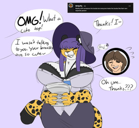 anthro big_breasts bottomwear bra breast_transformation breasts clothing dialogue duo eyes_closed female hair hat headgear headwear holding_object holding_paper offscreen_character paper purple_hair skirt smile tail text underwear robertge felid human mammal 2026 digital_media_(artwork) english_text hi_res