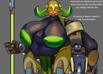 areola belly big_belly big_breasts breasts deep_navel female green_areola green_nipples huge_breasts machine melee_weapon multicolored_body navel nipples overweight overweight_female overweight_taur polearm solo spear text tusks weapon isolatedartest blizzard_entertainment overwatch orisa_(overwatch) omnic taur absurd_res english_text hi_res