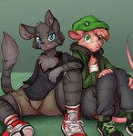 anthro beanie bottomwear clothing duo footwear gradient_background hat headgear headwear hoodie male plantigrade shirt shoes shorts simple_background sitting topwear muhny kris_(muhny) rowan_(muhny) domestic_cat felid feline felis mammal mouse murid murine rodent 2022