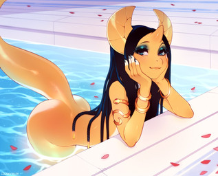 anthro bedroom_eyes black_hair blue_eyes blush bracelet braided_hair butt egyptian eyelashes eyeliner eyeshadow female hair half-closed_eyes horn jewelry looking_at_viewer makeup mascara narrowed_eyes nude petals poolside rose_petals scales seductive smile solo swimming_pool thick_thighs water wide_hips yellow_body yellow_scales frenky_hw ramsay_(frenky_hw) lizard reptile scalie digital_media_(artwork) shaded