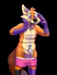 anthro black_background black_body black_fur black_nose bulge clothed clothing featureless_crotch fur glistening inflatable latex male multicolored_body multicolored_fur nozzle open_mouth orange_body orange_fur pink_clothing pink_underwear pool_toy purple_eyes simple_background solo teeth tongue tongue_out toony transformation two_tone_body two_tone_fur underwear cubi flir_(fox) animate_inanimate canid canine fox living_inflatable mammal 2017 digital_media_(artwork)