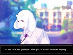 anthro blurred_background blush bolo_tie dialogue fake_game fake_screencap female fur red_eyes solo text text_box white_body white_fur conditional_dnp komm64 undertale_(series) toriel boss_monster_(undertale) bovid caprine goat mammal 2022 4:3 english_text