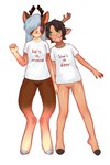 anthro antlers black_hair bottomless clothed clothing duo featureless_crotch female freckles fur green_eyes grey_hair hair horn leaning_on_another looking_at_another male multicolored_body multicolored_fur one_eye_obstructed open_mouth purple_eyes shirt size_difference text text_on_clothing topwear rulyamc s5051 clover_greenway fable_hallows deer mammal moose new_world_deer absurd_res english_text hi_res