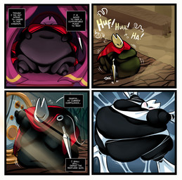 4_panel_comic anthro bed belly_touching_floor bench black_body black_carapace blush breath cloak clothing eating expansion female furniture growth growth_sequence leaning_on_wall morbidly_obese morbidly_obese_female nude obese obese_female onomatopoeia outgrowing_clothes outside overweight overweight_female panting public red_cloak red_clothing scenic_background silk sitting solo sound_effects standing text text_box weapon weight_gain weight_gain_sequence white_face white_mask superspoe hollow_knight:_silksong hollow_knight_(franchise) team_cherry hornet_(hollow_knight) arachnid arthropod insect spider weaver_(hollow_knight) comic hi_res