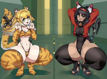 black_hair blonde_hair breasts clothed clothing duo female green_eyes hair looking_at_viewer navel open_mouth open_smile red_eyes smile smiling_at_viewer squats captainkirb asian_mythology east_asian_mythology japanese_mythology mihoyo mythology zenless_zone_zero ju_fufu nekomiya_mana animal_humanoid cat_humanoid felid felid_humanoid feline feline_humanoid humanoid mammal mammal_humanoid pantherine pantherine_humanoid tiger_humanoid yokai 2026 absurd_res hi_res