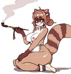 anthro areola big_breasts breasts butt female fluffy fluffy_tail fur green_eyes hair hair_bun kiseru nipples pipe simple_background smile smoke smoking smoking_pipe solo tail thick_thighs wide_hips reccand mammal procyonid raccoon 2022 digital_media_(artwork) hi_res shaded