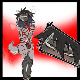 anthro areola balls bdsm black_areola black_nipples blood bodily_fluids bondage bound breasts clenched_teeth cum cumshot ear_piercing ear_ring ejaculation erection eyebrow_piercing eyebrow_through_hair eyebrows face_closeup facial_piercing fluffy fluffy_tail front_view fur genital_fluids genitals glans gore gradient_hair green_eyes grey_body grey_fur gynomorph hair hands_behind_back hands_tied hands_tied_behind_back head_back intersex legs_together looking_at_viewer looking_pleasured medium_hair nipples nose_piercing nude_anthro nude_gynomorph penis piercing red_background restraints ring_piercing rope rope_bondage rope_harness septum_piercing simple_background small_breasts solo standing tail teeth text translucent translucent_hair white_background wounded gurocuck canid canine canis mammal wolf 1:1 2026 artist_name hi_res