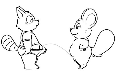 anthro balls bodily_fluids briefs clothed clothing duo genital_fluids genitals male male/male male_peed_on male_peeing male_peeing_on_male nude pantsless pantsless_anthro pantsless_male peeing peeing_on_another penis shirt simple_background t-shirt tail teeth tiptoes toony topwear underwear urine urine_stream watersports whiskers white_background nishi_oxnard oxynard pokie_(pokiedragon25) canid canine cricetid hamster mammal raccoon_dog rodent tanuki black_and_white hi_res monochrome