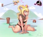 alternate_species blonde_hair breasts chain clothed clothing cloud collar crown female grin hair headgear not_furry outside sharp_teeth sitting sky smile stake super_crown teeth tie-out wariza shnider mario_bros nintendo chompette chain_chomp goomba humanoid mammal 2018 absurd_res digital_media_(artwork) hi_res