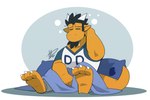 3_toes anthro bedding black_hair blanket clothing facial_hair feet goatee hair horn male orange_body pillow shirt solo tail tired toes topwear hikazedragon mythology hikaze_(character) dragon mythological_creature mythological_scalie scalie