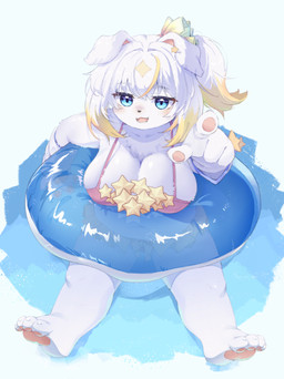 4_fingers 4_toes accessory anthro belly big_breasts bikini biped black_nose blonde_hair blonde_highlights blue_eyes blush blush_lines breasts chest_tuft claws cleavage clothed clothed_anthro clothed_female clothing eyelashes feet female female_anthro finger_claws fingerpads fingers floppy_ears front_view fur gesture glistening glistening_eyes hair hair_accessory hand_gesture high-angle_view highlights_(coloring) humanoid_hands inflatable inner_tube kemono looking_at_viewer monotone_body monotone_fur multicolored_hair navel nipple_outline open_mouth open_smile pawpads pink_bikini pink_clothing pink_inner_ear pink_pawpads pink_swimwear pink_tongue plantigrade_pawpads pointing pointing_at_viewer ponytail pool_toy pupils simple_background sitting slightly_chubby slightly_chubby_anthro slightly_chubby_female smile solo star_polygon swim_ring swimwear toe_claws toes tongue tuft two-piece_swimsuit two_tone_hair white_background white_body white_claws white_ears white_fur white_hair zao_(pixiv) monster_musume_td pent_(monster_musume_td) canid canine canis domestic_dog mammal 2025 absurd_res colored digital_media_(artwork) full-length_portrait hi_res portrait shaded