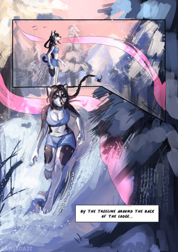 4_toes anthro barefoot bottomwear bra breasts clothed clothing feet female fur hair midriff navel outside paws plant scent shorts sniffing snow solo sports_bra tail text toes tracking tree underwear lameboast artica_(lameboast) canid canine canis domestic_dog mammal comic digital_media_(artwork) english_text hi_res
