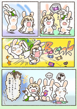 4_panel_comic accessory ambiguous_anthro ambiguous_feral ambiguous_gender anthro anthro_focus attack bangs belly beret beverage_can biped black_border black_eyes blonde_hair blush blush_lines bodily_fluids bonk_(sound_effect) border brown_hair candy clothing dessert dialogue disembodied_head dot_eyes drinking eating eating_food ellipsis empty_eyes featureless_crotch featureless_feet featureless_legs feet female female_anthro female_human feral food fur furrowed_eyebrows gesture green_beret green_clothing green_headwear green_necktie group hair hair_bun hand_gesture hand_pawpads hat headgear headwear holding_another holding_pretzel larger_ambiguous larger_anthro larger_female lidded_eyes limbless long_ears long_hair looking_at_another looking_back looking_back_at_another midair mitten_hands mostly_nude mostly_nude_ambiguous mostly_nude_feral motion_lines mouthless multicolored_body musical_note musical_symbol narrowed_eyes necktie necktie_only no_eyebrows no_pupils noseless nude nude_ambiguous nude_anthro nude_female offscreen_character offscreen_female offscreen_human onomatopoeia outline pawpads pink_mouth pointing pretzel_(food) question_mark saliva scut_tail shirt short_legs short_tail simple_background simple_eyes sitting sitting_on_head size_difference smaller_ambiguous smaller_feral sound_effects spitting_out squint standing star_(shape) symbol tail tan_belly tan_body tan_eyelids tan_inner_ear tan_pawpads tan_skin teeth text thumbs_up topwear trio two_tone_body white_body white_clothing white_fur white_hair_tie white_outline white_shirt white_tail white_topwear wide-open_mouth charisuke cygames idolmaster idolmaster_cinderella_girls raving_rabbids rayman_(series) ubisoft aiko_takamori apricot_(charisuke) fan_character human lagomorph mammal rabbid 2020 absurd_res cel_shading colored comic crossover digital_drawing_(artwork) digital_media_(artwork) hi_res japanese_description japanese_text right_to_left shaded translation_request