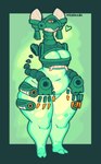 2023 anthro belly big_breasts biped black_sclera bottomless breasts claws cleavage cleavage_cutout clothed clothing conditional_dnp cutout digital_media_(artwork) female green_body green_ears heart_symbol huge_hips huge_thighs long_neck machine navel nintendo orange_eyes pear-shaped_figure robot signature slightly_chubby smile solo steward_construct tears_of_the_kingdom the_legend_of_zelda thick_calves thick_thighs topwear welwraith white_body white_ears wide_hips yellow_body zonai_construct