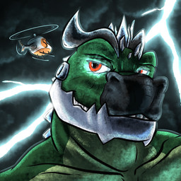 aircraft anthro close-up cloud cloudy_sky cybernetic_jaw electricity glowing glowing_eyes helicopter horn lightning looking_at_another macro male size_difference sky teeth_showing vehicle tyrnn grockle dinosaur kaiju ornithischian prehistoric_species reptile scalie stegosaurian thyreophoran 1:1 2021 absurd_res hi_res portrait
