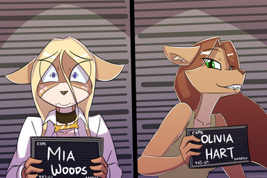 anthro black_collar blonde_hair blue_eyes book brown_body brown_fur brown_hair brown_nose clothing collar duo female front_view fur green_clothing green_shirt green_tank_top green_topwear grin hair holding_object inner_ear_fluff jacket mugshot nervous orange_body orange_fur pupils sharp_teeth shirt smile smirk tan_body tan_fur tank_top teeth topwear tuft white_clothing white_jacket white_topwear kanashiipanda barbie_and_ken_mugshot_meme book_of_lust mia_woods olivia_hart canid canine canis deer mammal wolf 2023 3:2