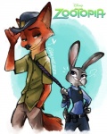 anthro badge belt bottomwear clothing denim denim_bottomwear denim_clothing duo female flirting fur hat headgear headwear heart_symbol jeans male necktie necktie_grab pants police police_uniform shirt suggestive topwear uniform utility_vest vest disney zootopia judy_hopps nick_wilde canid canine fox lagomorph leporid mammal rabbit red_fox true_fox 4:5