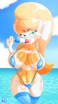 anthro beach bedroom_eyes big_breasts bikini bikini_bottom bikini_top blonde_hair breasts clothing female food green_eyes hair looking_at_viewer narrowed_eyes nipple_outline nipples pink_nipples popsicle popsicle_in_mouth pose seductive solo swimwear tongue two-piece_swimsuit cranebear jessica_young_melis domestic_cat felid feline felis mammal absurd_res hi_res pinup