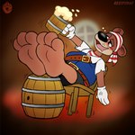 anthro barrel brown_body brown_fur clothing drinking drunk feet foot_fetish fur gloves handwear male pirate_hat pirate_outfit solo substance_intoxication razyfoxxo toontown_corporate_clash toontown_online bear mammal 1:1 hi_res