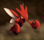 abstract_background ambiguous_gender anthro arthropod_abdomen black_body brown_background flying high-angle_view insect_wings looking_away motion_blur multicolored_body pincers red_body simple_background solo white_wings wings yellow_eyes zaikudo nintendo pokemon arthropod generation_2_pokemon insect pokemon_(species) scizor 2009 digital_media_(artwork) full-length_portrait portrait