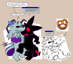 ambiguous_gender anthro before_and_after black_body black_fur bodily_fluids conjoined dialogue duo fangs food fur greeting horn male male/ambiguous markings merging multicolored_body null_bulge open_mouth pretzel_(food) question_mark red_eyes simple_background speech_bubble static sweat tail tail_markings teeth text window_(computing) pawplants veecee zerio digibeast void_fluff 2025 digital_media_(artwork) english_text nonbinary_(lore)